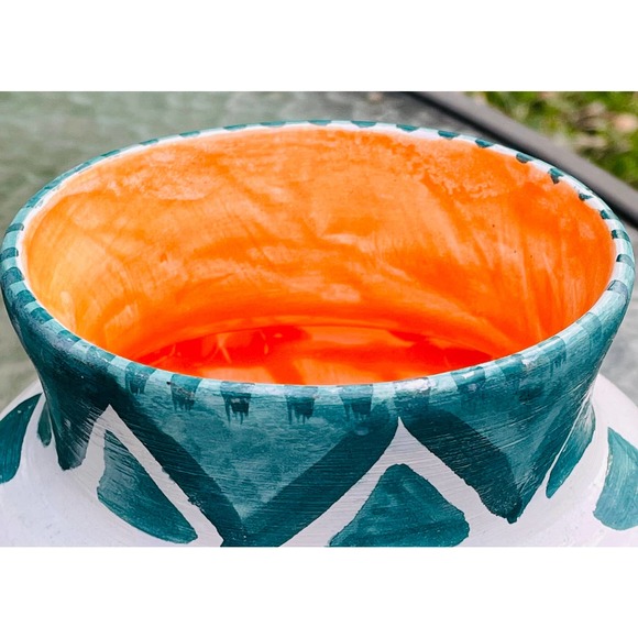 Teal and White Pottery Vase with Geometric Pattern - Picture 5 of 12